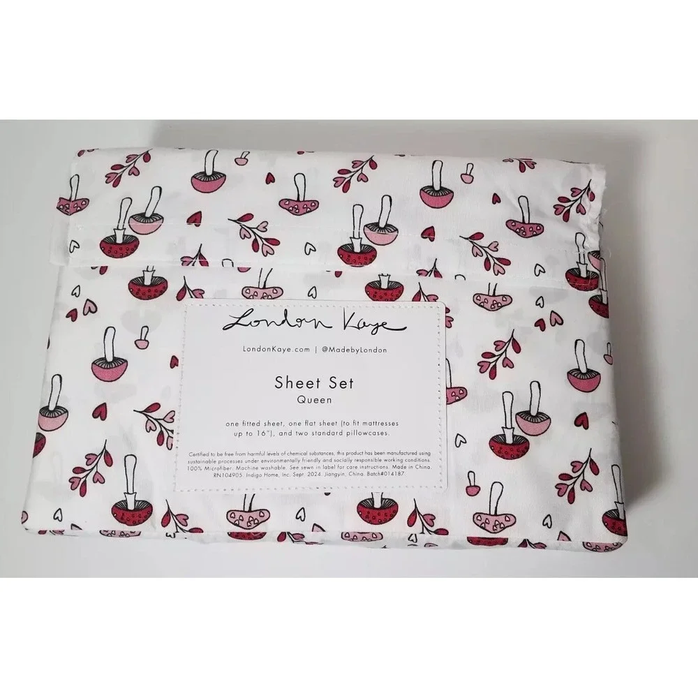 London Kaye Queen Mushrooms Hearts‎ Bed Sheet Set 4 piece Microfiber Bedding NEW